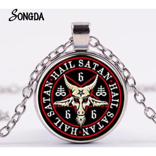 Red Goat Head Bronze Pentagram Necklace Glass Cabochon Pendants Punk 4 Colors Long Chain Satanism Gothic Jewelry for Men