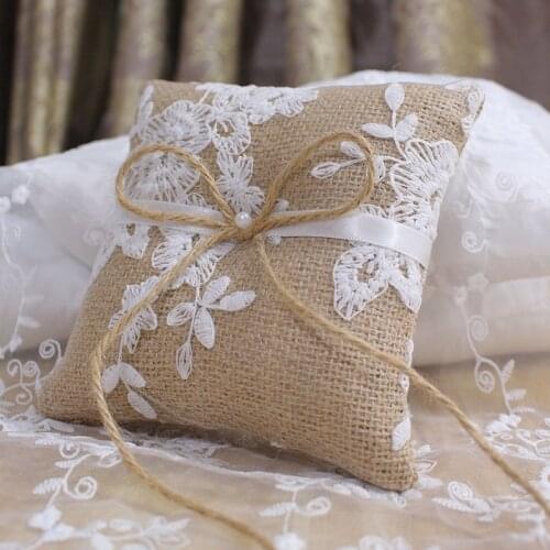 Lace Bow Ring Pillow Vintage European Style for Wedding Engagement Decoration Jewelry Rings Cushion Vintage Burlap Jute Cushion