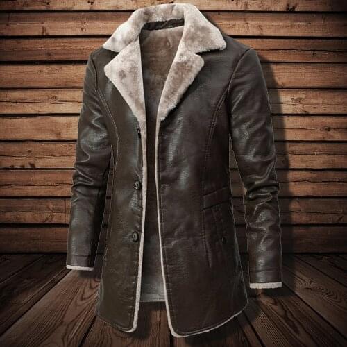 Men Autumn Winter Long Leather Jacket Lapel Turn-down Collar Casual Vintage Jacket Male Outwear Overcoat Mens Fashion Clothing