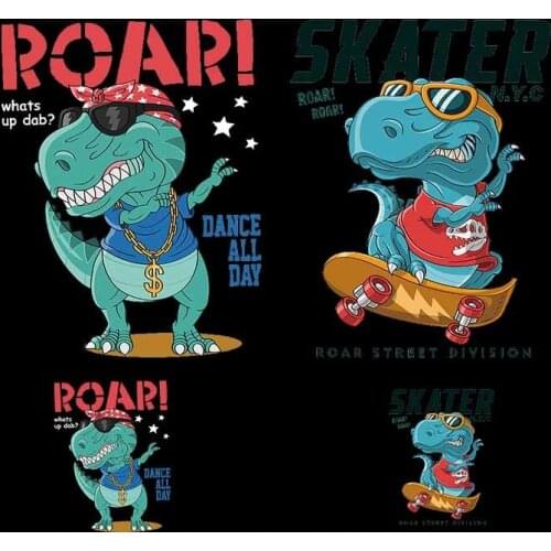 Cartoon Dinosaurs skateboard Heat Transfer Patches Vinyl skateboard Patch Iron on For Clothes Child DIY T-shirt Applique Sticker