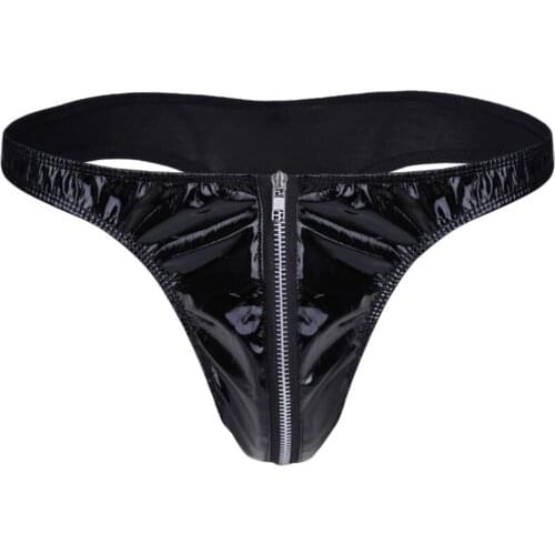 Mens Underwear Sexy Black Briefs Male Lingerie Wet Look Leather Zippered Pouch Briefs Bikini Thong Underpants Low Waist Panties