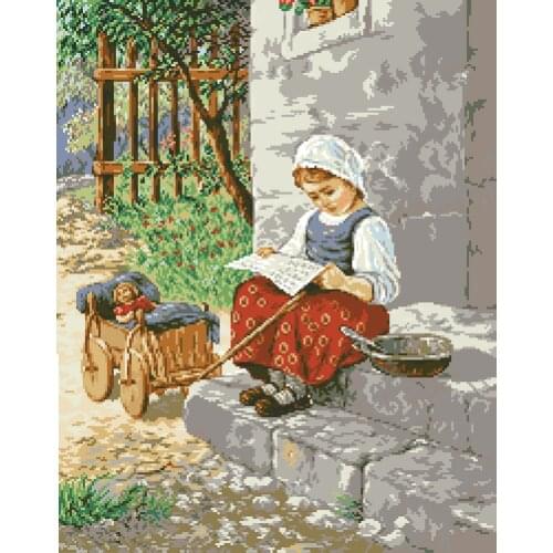Cross stitch Handmade 14CT Counted Canvas DIY,Cross-stitch kits,Embroidery Little Girl Reading Letter 46-55