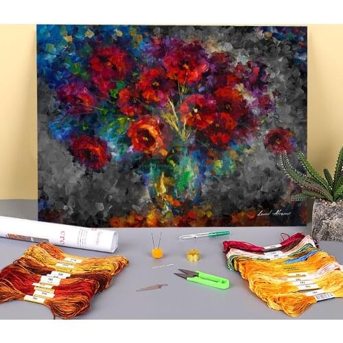 Red Flowers Pre-Printed 11CT Cross-Stitch Complete Kit DIY Embroidery DMC Threads Knitting Needlework Handicraft Design