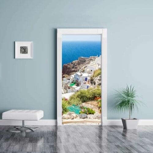 Free Shipping self adhesive Door Sticker Greece Building Photo Wallpaper mural Wall Print Decal Wall Deco Wall Mural Photo