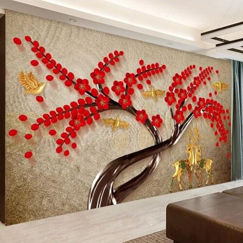 Custom Mural European Style Retro 3D Elk Red Flower Bird Tree Wallpaper For Living Room Sofa TV Background Photo Wall Covering