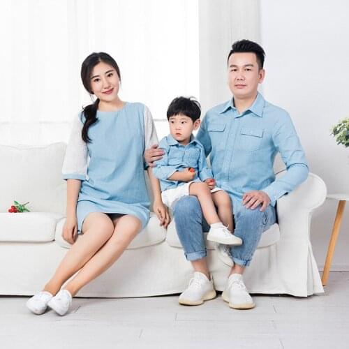 Family Matching Outfits Mother Daughter Blue Dresses Clothing Father Son Boys Long Sleeve Denim Shirts Couples Dress Clothes