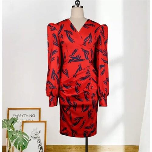 Women Printed Dress Long Sleeve Elastic High Waist V Neck Elegant Office Ladies Classy Work Wear Female Vestidos African