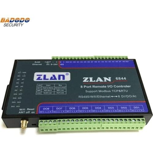 ZLAN6844 8 channel port remote I/O controller RS485/Ethernet/WIFI to 8 Digital input Output support modbus TCP RTU