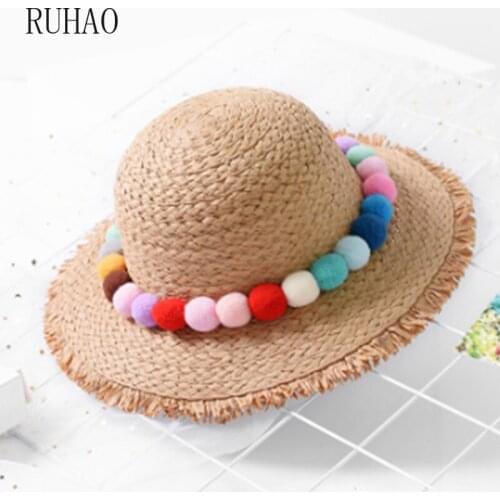 RUHAO New Child sun Hats Summer color ball Casual Style kids Sun hat Girl Floppy Wide Brim Beach Cap Flower Straw visors hats