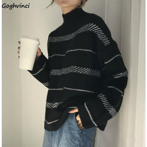 Sweater Womens Pullovers Striped Half Turtleneck Fashion Chic Ulzzang Loose Casual Soft Knitting Sweaters Female All-match Lazy