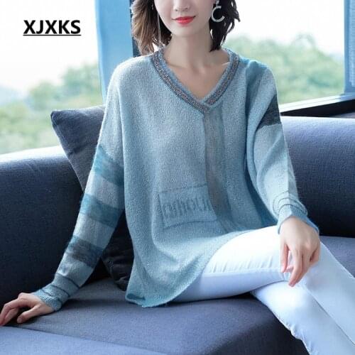 XJXKS Loose Sweater Fashion Wool Knitted Pull Femme Blue Color Nice Casual Oversized Sweater Women Pullover