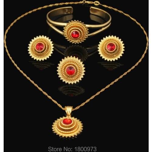 Traditional Ethiopian 5pcs Wedding Jewelry Sets Gold Color Jewelry Bridal Romantic Jewelry for Women With Free shipping