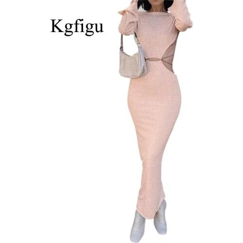 KGFIGU Knitted Rib Club Skirt Sets Women Sexy Long Sleeve Backless Tank Tops Cute Vests Lady Bodycon Dresses 2 Piece Outfits