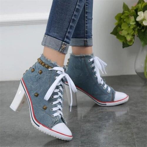 Women Canvas Shoes Denim High Heels Rivets Shoes Square heel 8CM Fashion Shoe Laces Sneakers Women Short Womens Pumps
