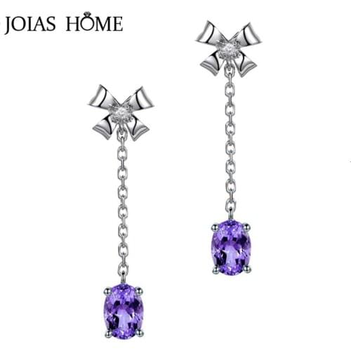 JoiasHome Fashion 925 Sterling Silver Earring With Oval Amethyst Gemstones Bowknot Shaped Drop Earrings For Women Wedding Gifts