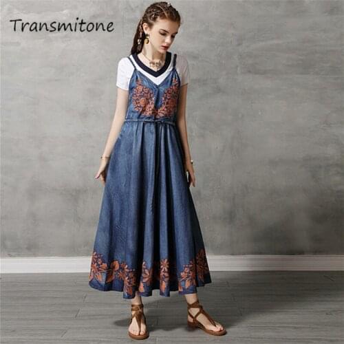 Summer Embroidery Dress 2019 Vintage Denim Women Strapless Dresses Drawstring Waist A line Dress Blue Vestidos K82162