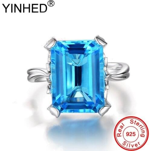 YINHED Luxury Big Blue Crystal Zircon Ring Original Solid 925 Sterling Silver Engagement Rings for Women Wedding Jewelry ZR565
