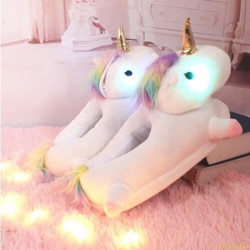35cm Unicorn Plush Slippers Indoor Winter Warm Shoes With LED Light Shining Slipper for Girls at Night