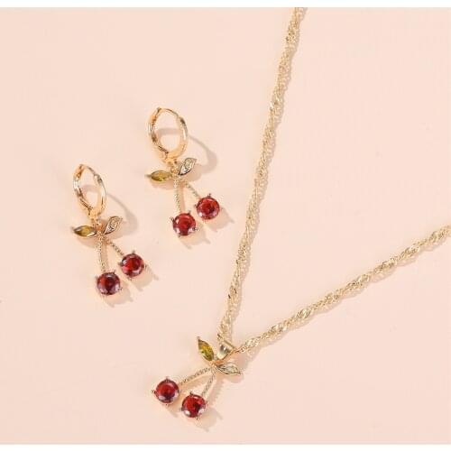 Golden Copper Leaves Red Cherry Wedding Dinner Party Necklace Drop Earrings Dangle Earrings Jewelry Sets for Women