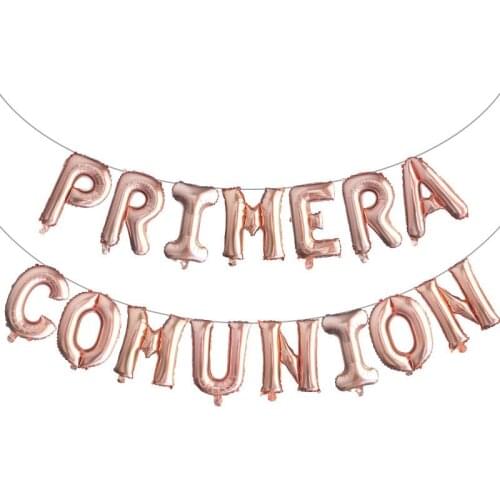 1set Letter Holy First Communion Decoration Silver Foil Balloons Banner Gold Spanish Primera Comunion Hanging Bunting Balloon