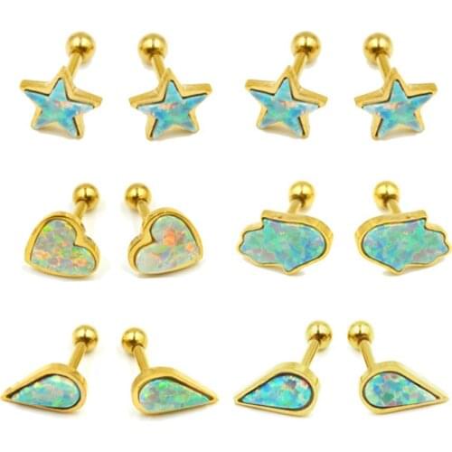 1pcs Surgical Steel Gold Color Opal Gem Ear Cartilage Helix Studs Rings Lobe Conch Piercing Hand Water Drop Star Heart Jewelry