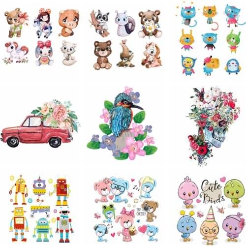 1Pc/Set Cartoon Cute Animal Patch Heat Transfer Stickers Stripes for Clothing Kids T-shirt Bird Cat Girl Owl Patches for Clothes