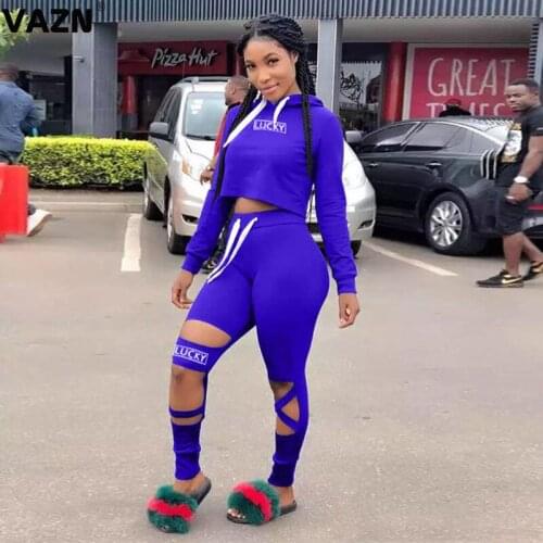 VAZN 2020 Fashion Chic Modern Style Women Patchwork Long Sleeve Bandage Set Casual Beach Clothing Ladies Women Sets