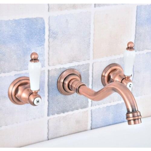 Antique Red Copper Brass Widespread Wall-Mounted Tub 3 Holes Dual Ceramic Handles Bathroom Tub Sink Faucet Mixer Tap asf525