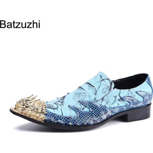 Batzuzhi Korean Style Men Shoes Fashion Golden Metal Toe Blue Genuine Leather Dress Shoes for Men Party and Wedding Shoes,6-12