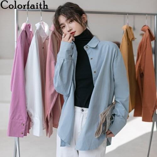 Colorfaith New 2021 Spring Summer Blouses Shirts Vintage Soild Oversize Korean Style Office Lady Fashionable Pink Tops BL9778