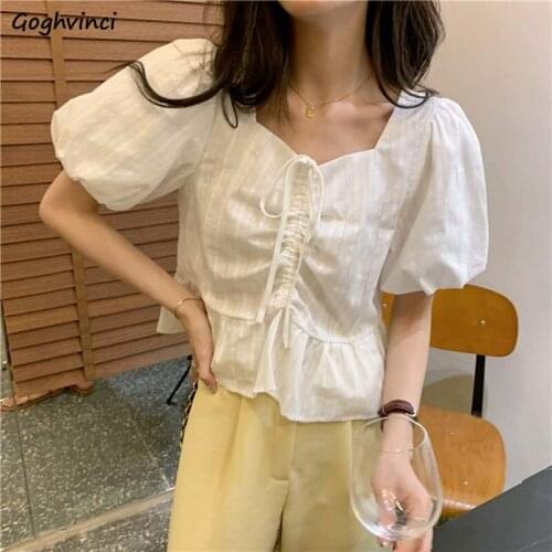 Puff Sleeve V-neck Shirring Blouses Women Solid Fungus Sweet Korean Style Girls Gentle Corp Tops OL Elegant Slim Outwear Trendy