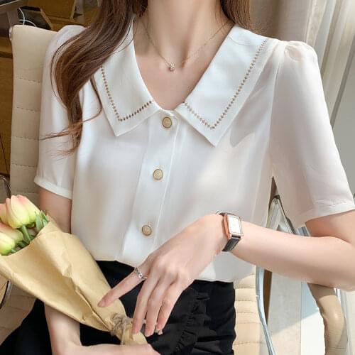 Summer Blouse Women Sweet Peter Pan Collar Short Sleeve OL Ladies Blusa Shirts 2021 Fashion Single Breasted Female Chiffon Tops