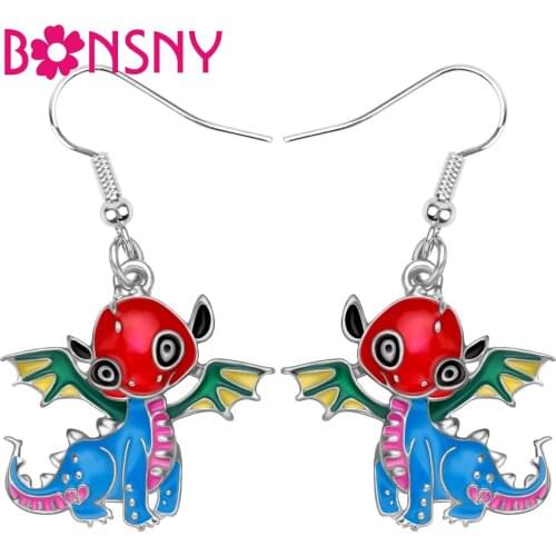 Bonsny Enamel Alloy Flying Dinosaur Dragon Earrings Magic Big Eyes Wings Animal Dangle Drop Jewelry For Women Girls Charm Gift