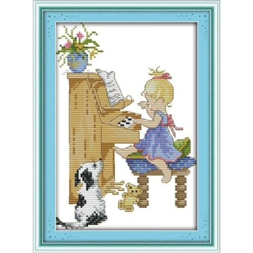 Costura,DMC DIY de punto de cruz,de punto de cruz,Simple modern Simple modern small piano playing the piano girl embroider line