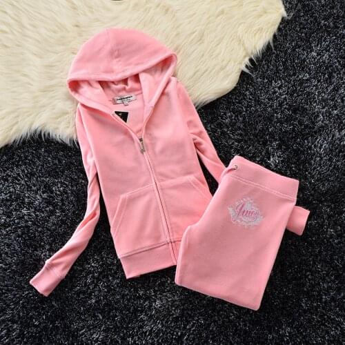 Juicy Lovers Brand Fashion Shiny Embroidery Letter Women Spring Suit Slim Velvet Casual Tracksuits Hooded Collar Sportswear suit