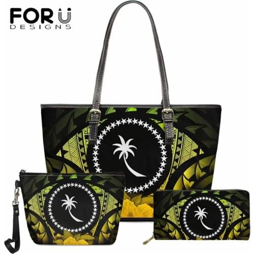 FORUDESIGNS 3Pcs Chuuk Polynesian Hibiscus Womens Bag 2021 Female PU Leather Handbags Vintage Shoulder Bag Clutch Causal Purse