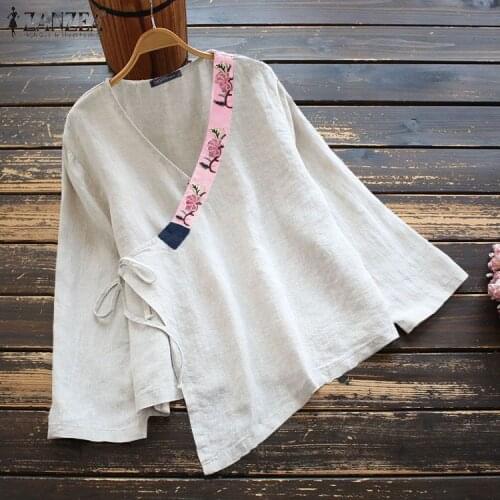 ZANZEA 2021 Kaftan Spring Tops Womens Embroidery Blouses Long Sleeve Blusas Female V neck Floral Tunic Cotton Top Oversized