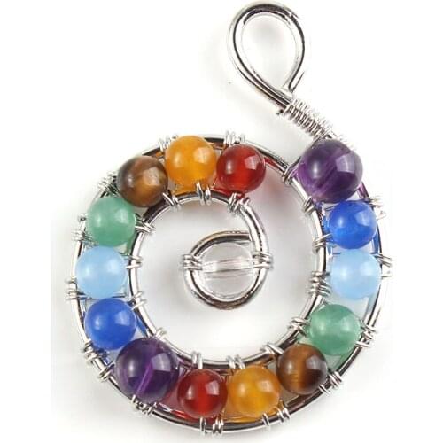 KFT Natural Stone Round Beads Handmade Spiral Universe Healing Chakra Pointed Swirl Stone Pendant Fashion Jewelry For Women Men