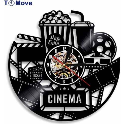 Movie Theater Sign Popcorn Vinyl Record Wall Clock Cinema Production Clock 12 inch Film Vintage Wall Decor Movies Lovers Gift