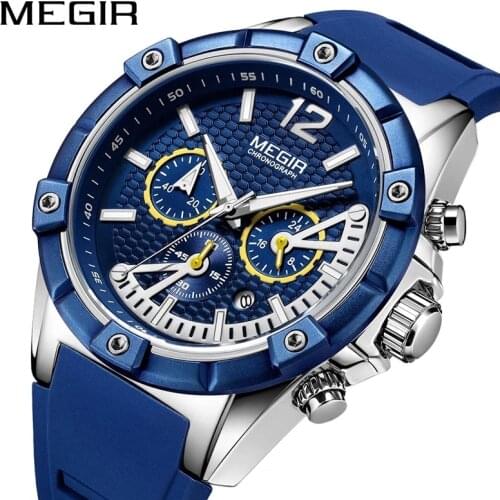 MEGIR New Silicone Waterproof Sports Multifunctional Chronograph Quartz Mens Calendar Watches And Luxurious Personality 2083G