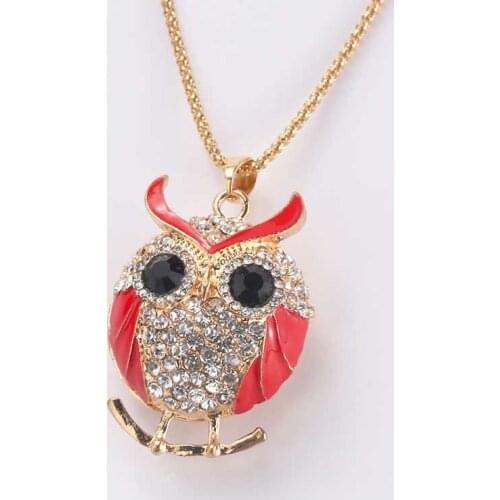 Cute Round Two-Colored Owl Crystal Rhinestone Pendant Necklace Long Necklace Souvenir Gift Female Jewelry