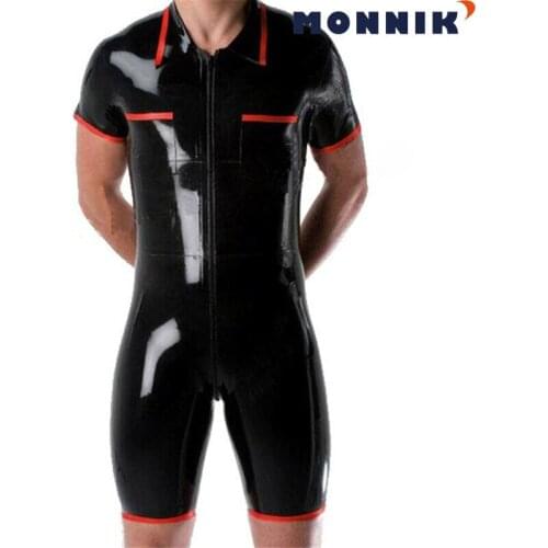 MONNIK latexBlack Latex Men Bodysuits Short Sleeve Short Pants Club Wear Jumpsuit Gummi 0.4