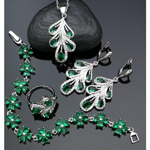 925 Silver Bridal Jewelry Sets For Women Wedding Natural Green Stones Cubic Zirconia Earrings Pendant Ring Bracelet Necklace Set