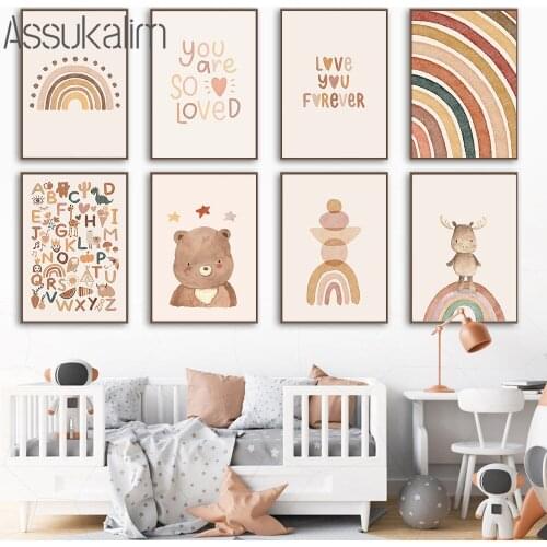 ABC Poster Raibow Wall Art Print Bear Deer Posters Nursery Canvas Painting Boho Wall Pictures For Kids Room Home Decoration