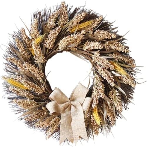 F2TE Autumn Fall Wreath Front Door Wreath Harvest Wheat Ears Garland Thanksgiving