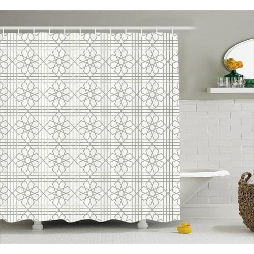Grey Decor Shower Curtain Arabesque Mosaic Tiles with Moroccan Floral Traditional Symmetric Artwork Bathroom Waterproof Curtains