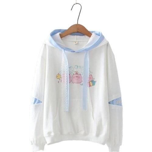 Harajuku Japanese Hoodies Women Sweatshirts Kawaii Pig Print Color Matching Hooded Lace Streamer Pullovers Sweet Tracksuit