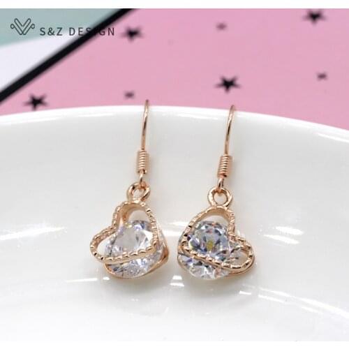 S&Z Attractive Design 585 Gold Color Heart Shape CZ Cubic Zirconia Woman Girls Dangle Warrings For Gift