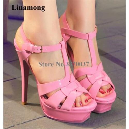 Classical Style Women Fashion Strap Cross High Platform Thin Heel Sandals Candy Punk Blue Yellow Patent Leather High Heel Sandal