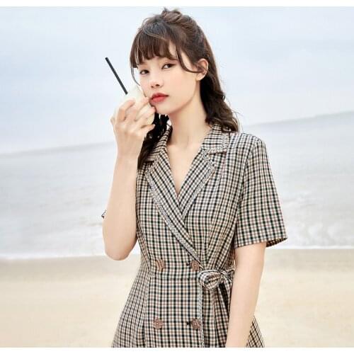 INMAN Ladies Causal Elegant Cute One Piece Plaid Summer Retro Short Sleeve Slim A-Line Blazer Office Style Dress